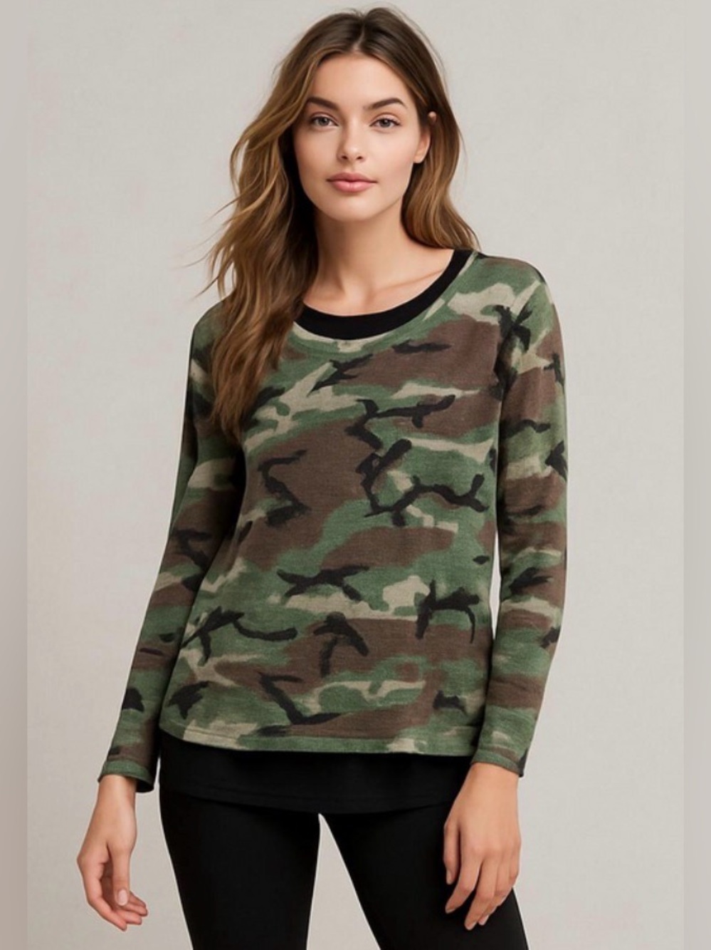 Wildfox Semi-Sheer Knit Camouflage Lightweight Sweater, Green, Brown, Size S